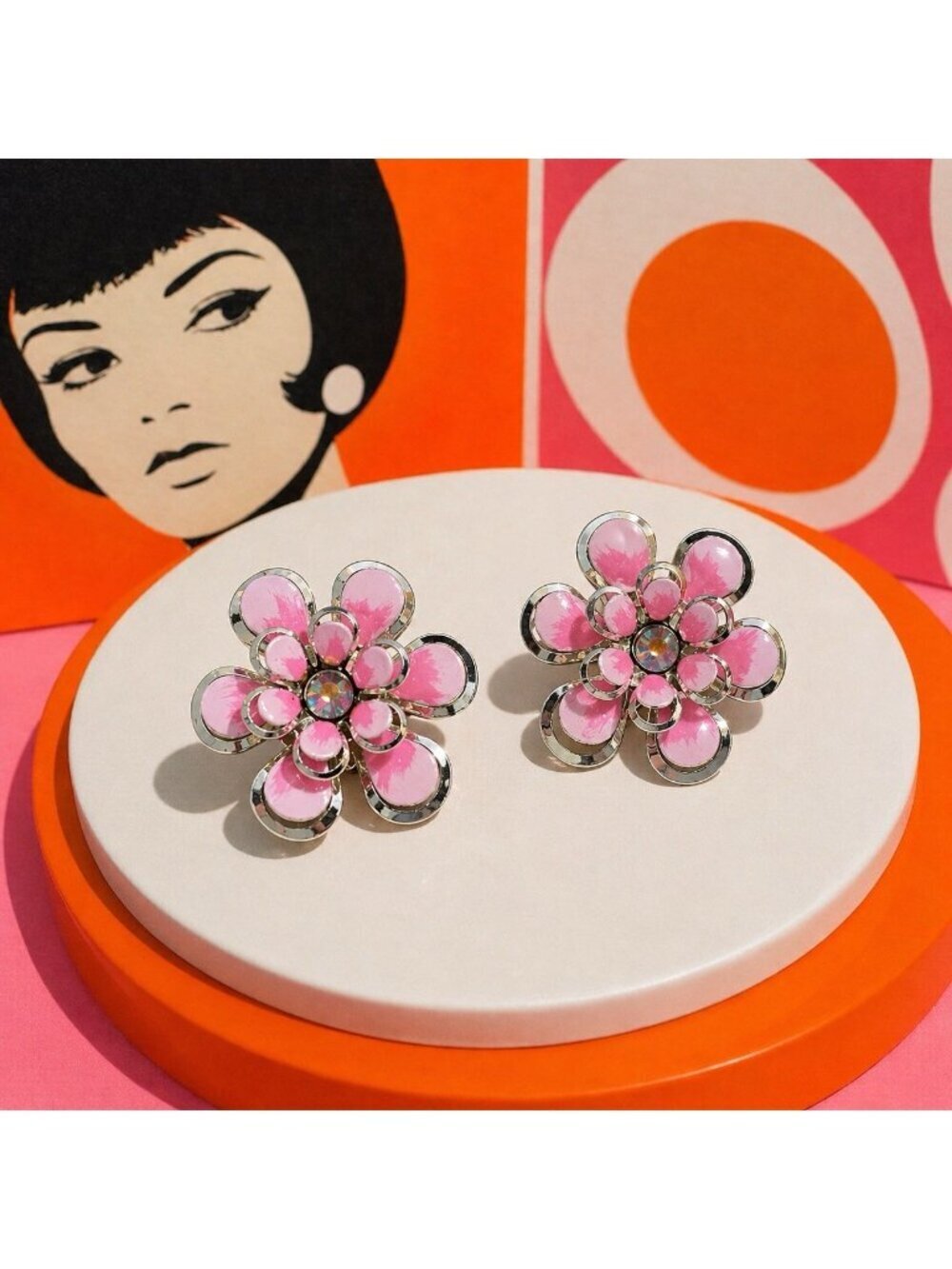 Vintage Coro Enamel Flower Earrings Pink Silver Tone Rhinestone Clip On MOD